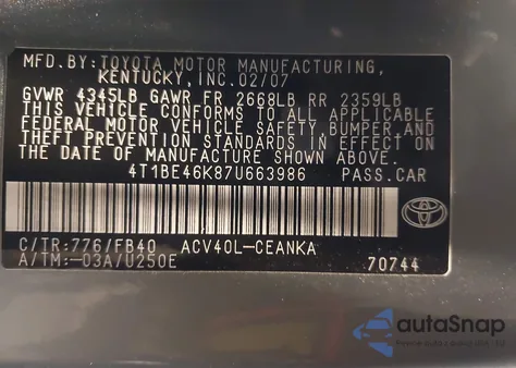 2007 Toyota Camry Le from USA, damaged, VIN 4T1BE46K87U663986